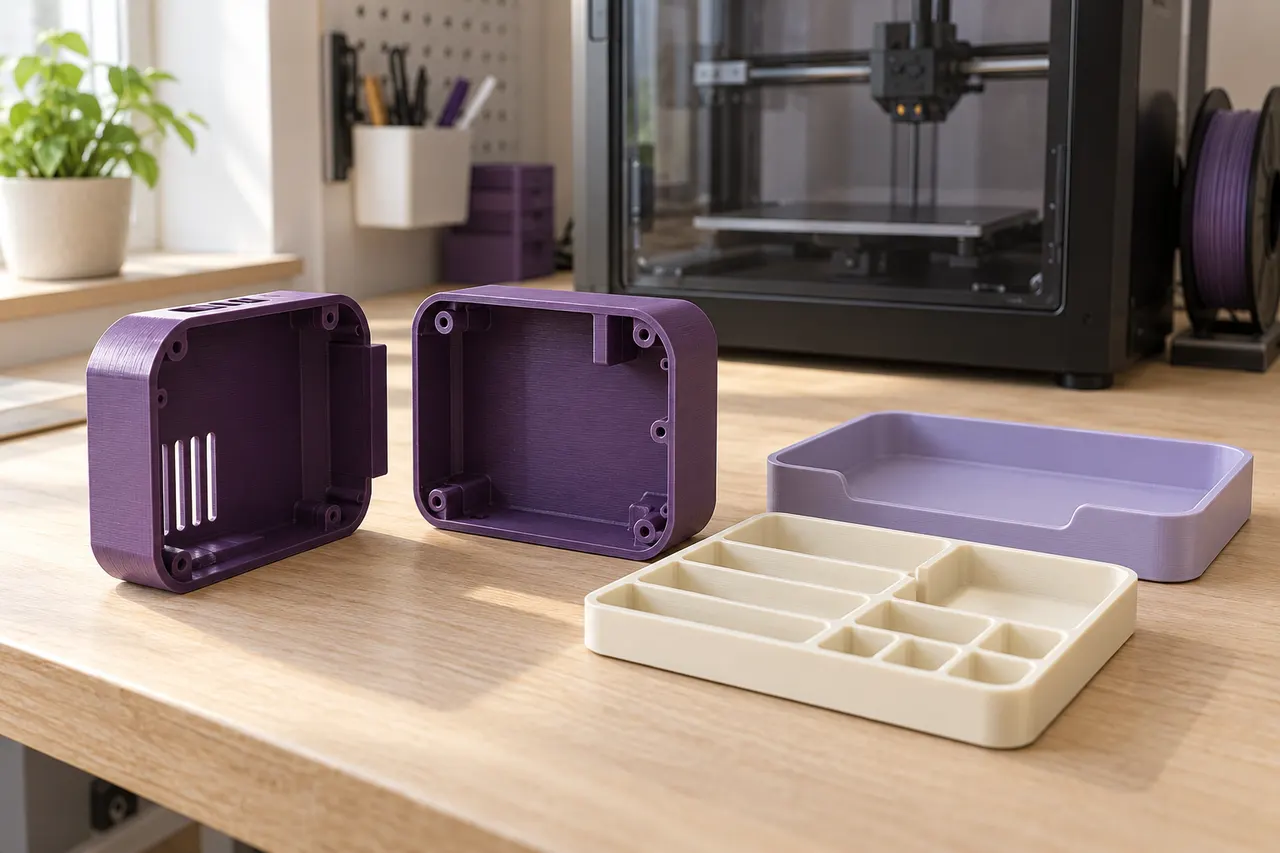 AI-generated imagined bench with two plum enclosure halves, an ivory tray insert, a lavender outer tray and a generic enclosed printer.
