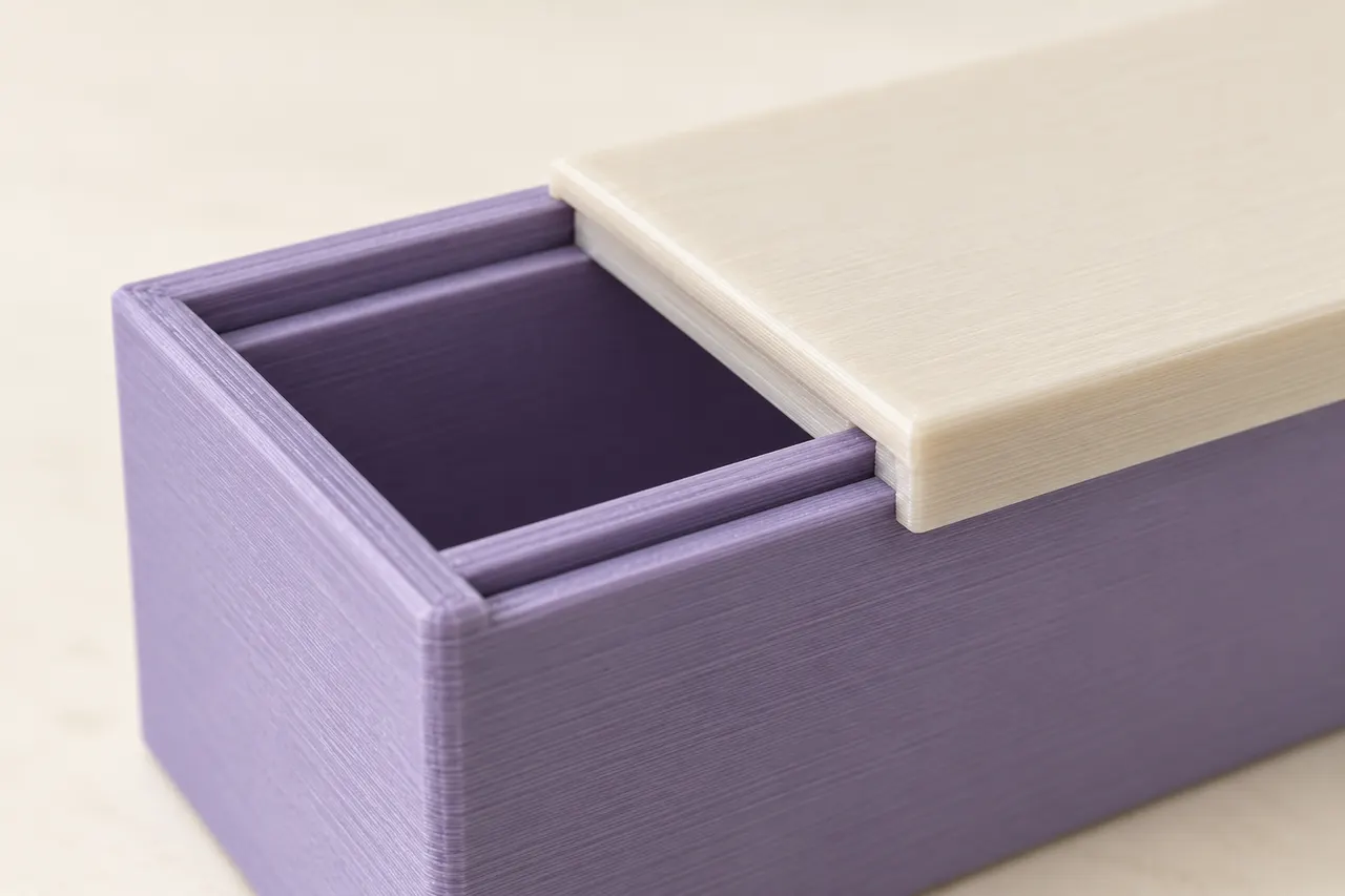 AI-generated macro concept showing a lavender groove beside an ivory lid edge entering along the rim.
