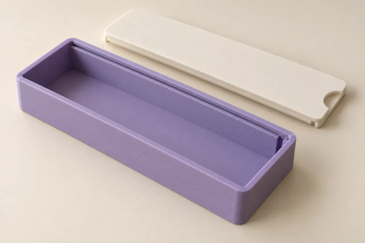 AI-generated fictional lavender enclosure base and separate ivory sliding lid, with a finger recess and visible edge features.