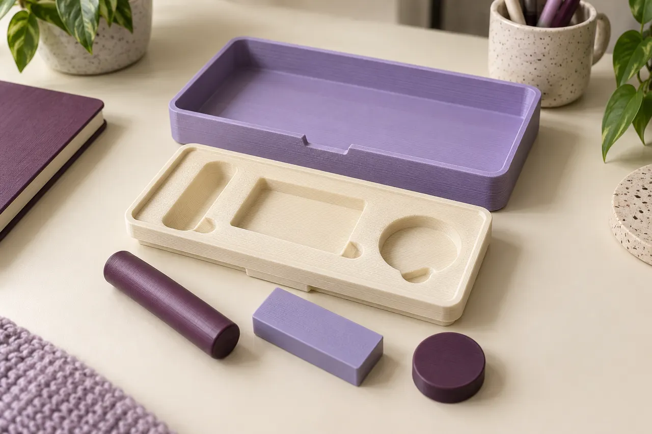 AI-generated hypothetical ivory three-pocket insert beside a lavender outer tray, with anonymous cylinder, block and disc objects.