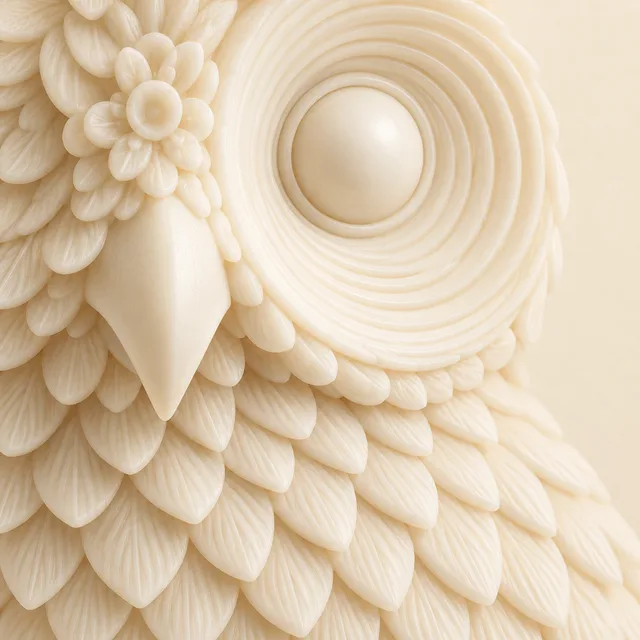 Illustration of an ivory owl relief with fine feather and facial details